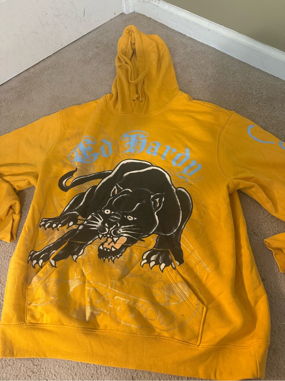 Ed Hardy Yellow Crewneck Hoodie with Black Panther Graphic